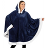 Navy blue fleece wearable blanket poncho with sherpa trim and front pockets