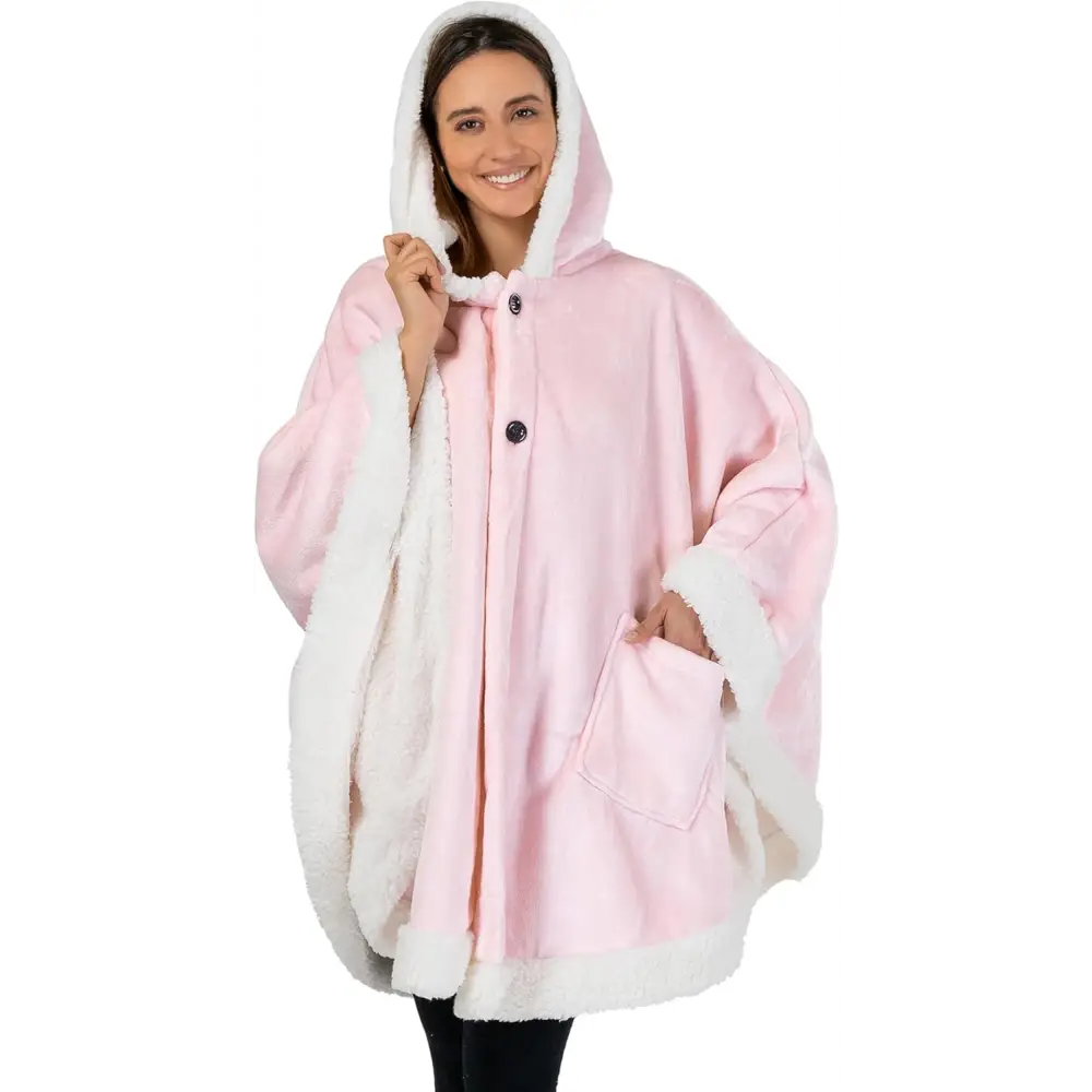 Pink and white fleece wearable blanket with hood, button closures, and patch pockets