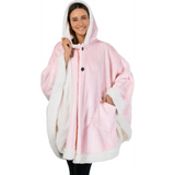 Pink and white fleece wearable blanket with hood, button closures, and patch pockets