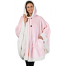 Pink and white fleece wearable blanket with hood, button closures, and patch pockets