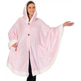 Pink hooded fleece wearable blanket poncho with button closures and front pockets