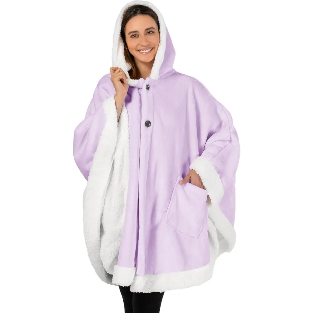 Lavender and white hooded poncho fleece wearable blanket with plush trim and button closures