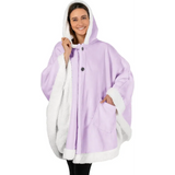 Lavender and white hooded poncho fleece wearable blanket with plush trim and button closures