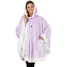 Lavender and white hooded poncho fleece wearable blanket with plush trim and button closures
