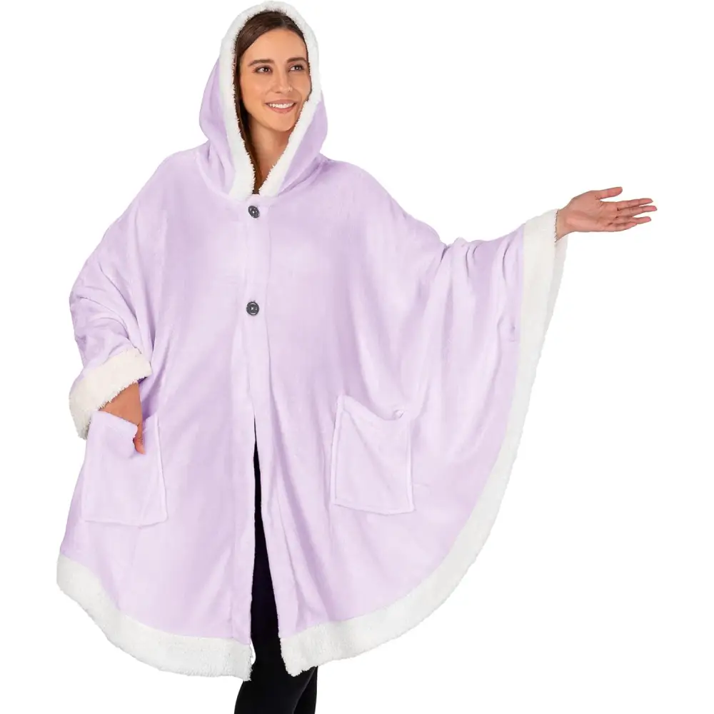 Lavender fleece wearable blanket poncho with white trim, buttons, and hood