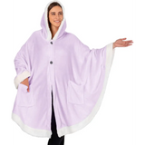 Lavender fleece wearable blanket poncho with white trim, buttons, and hood