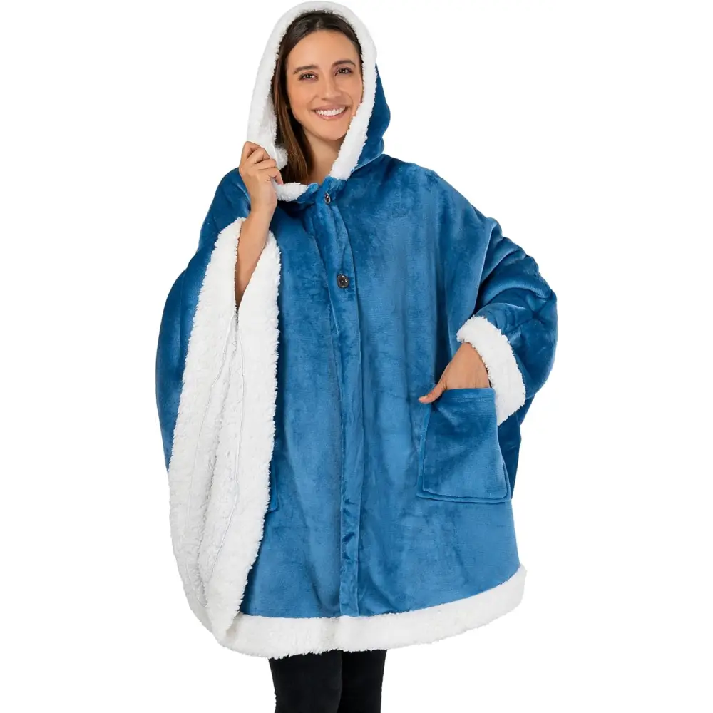 Cozy blue fleece wearable blanket hoodie with white sherpa lining and front buttons