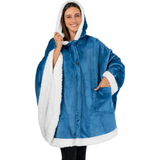 Cozy blue fleece wearable blanket hoodie with white sherpa lining and front buttons