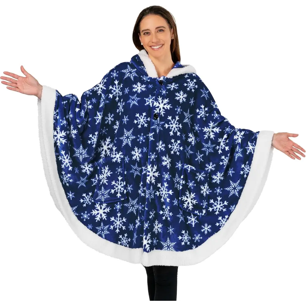 Navy blue fleece wearable blanket with snowflake pattern and fuzzy trim for winter warmth