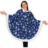 Navy blue fleece wearable blanket with snowflake pattern and fuzzy trim for winter warmth