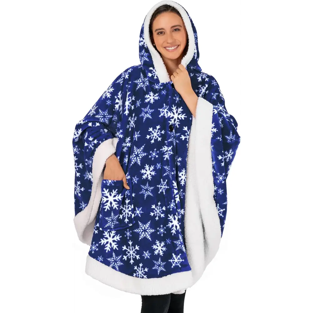 Cozy Plush Sherpa Fleece Wearable Blanket with Hood in blue and white snowflake pattern