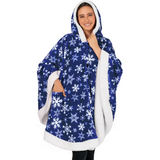 Cozy Plush Sherpa Fleece Wearable Blanket with Hood in blue and white snowflake pattern