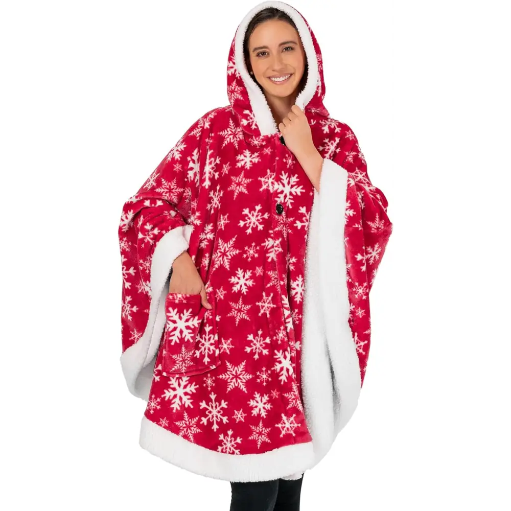 Red and white snowflake fleece wearable blanket hoodie with sherpa trim