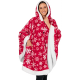 Red and white snowflake fleece wearable blanket hoodie with sherpa trim