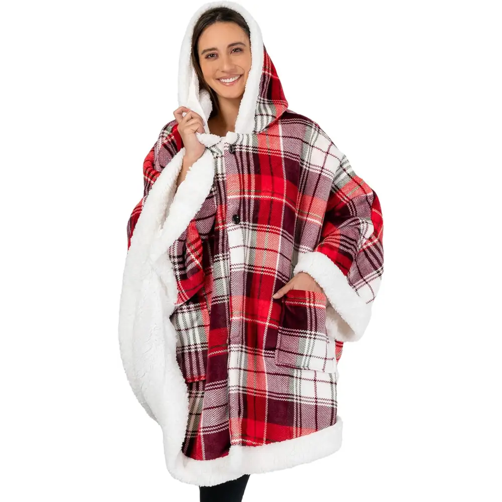 Cozy Plush Sherpa Fleece Wearable Blanket with Hood in red, white, and black plaid