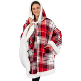 Cozy Plush Sherpa Fleece Wearable Blanket with Hood in red, white, and black plaid