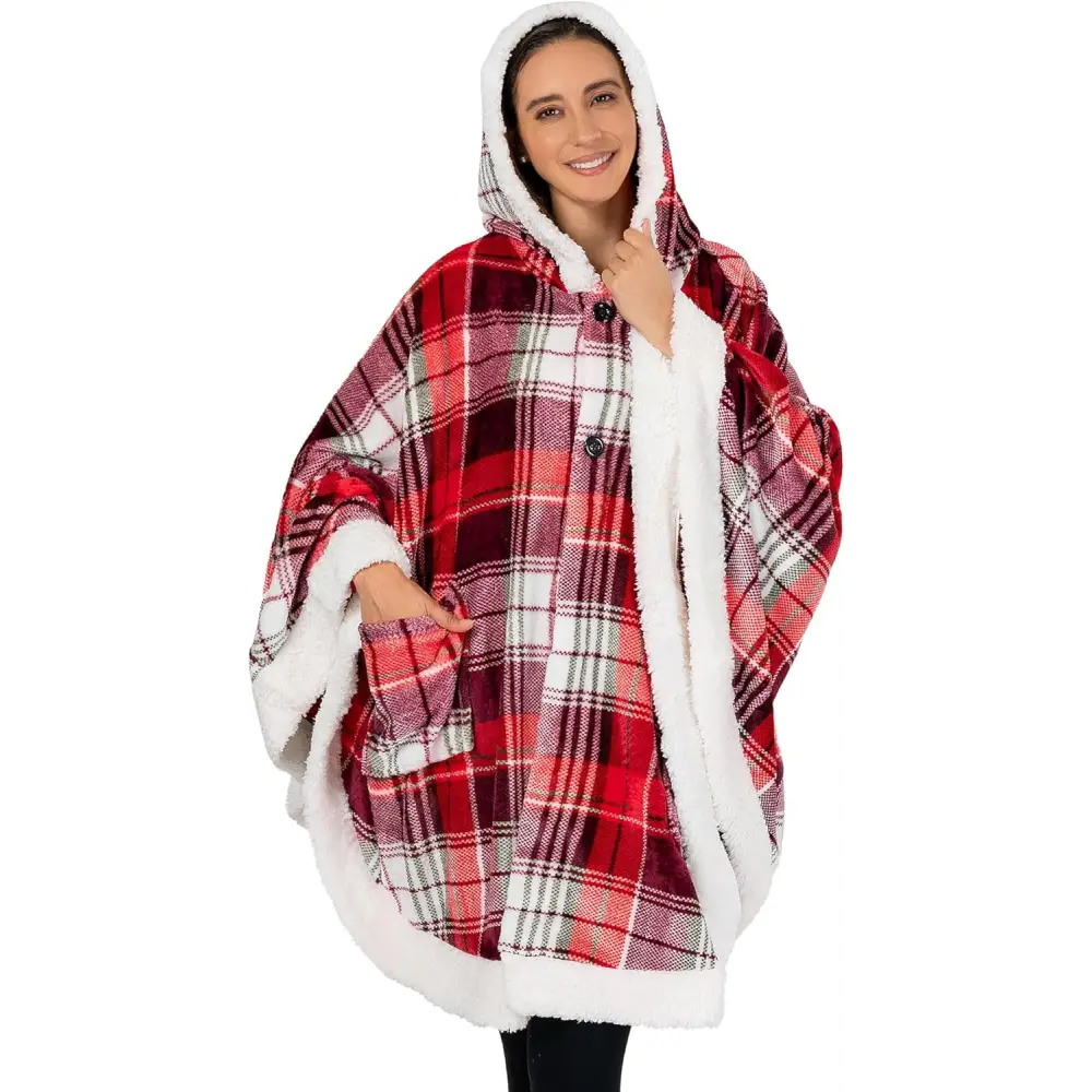 Plaid red and white fleece wearable blanket hoodie with pockets for ultimate comfort