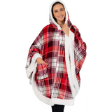 Plaid red and white fleece wearable blanket hoodie with pockets for ultimate comfort