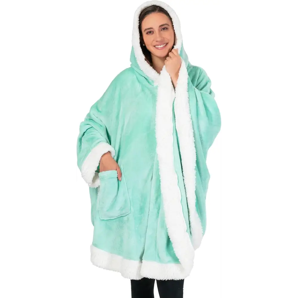 Mint green fleece wearable blanket hoodie with white sherpa lining and front pockets