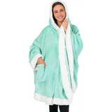 Mint green fleece wearable blanket hoodie with white sherpa lining and front pockets