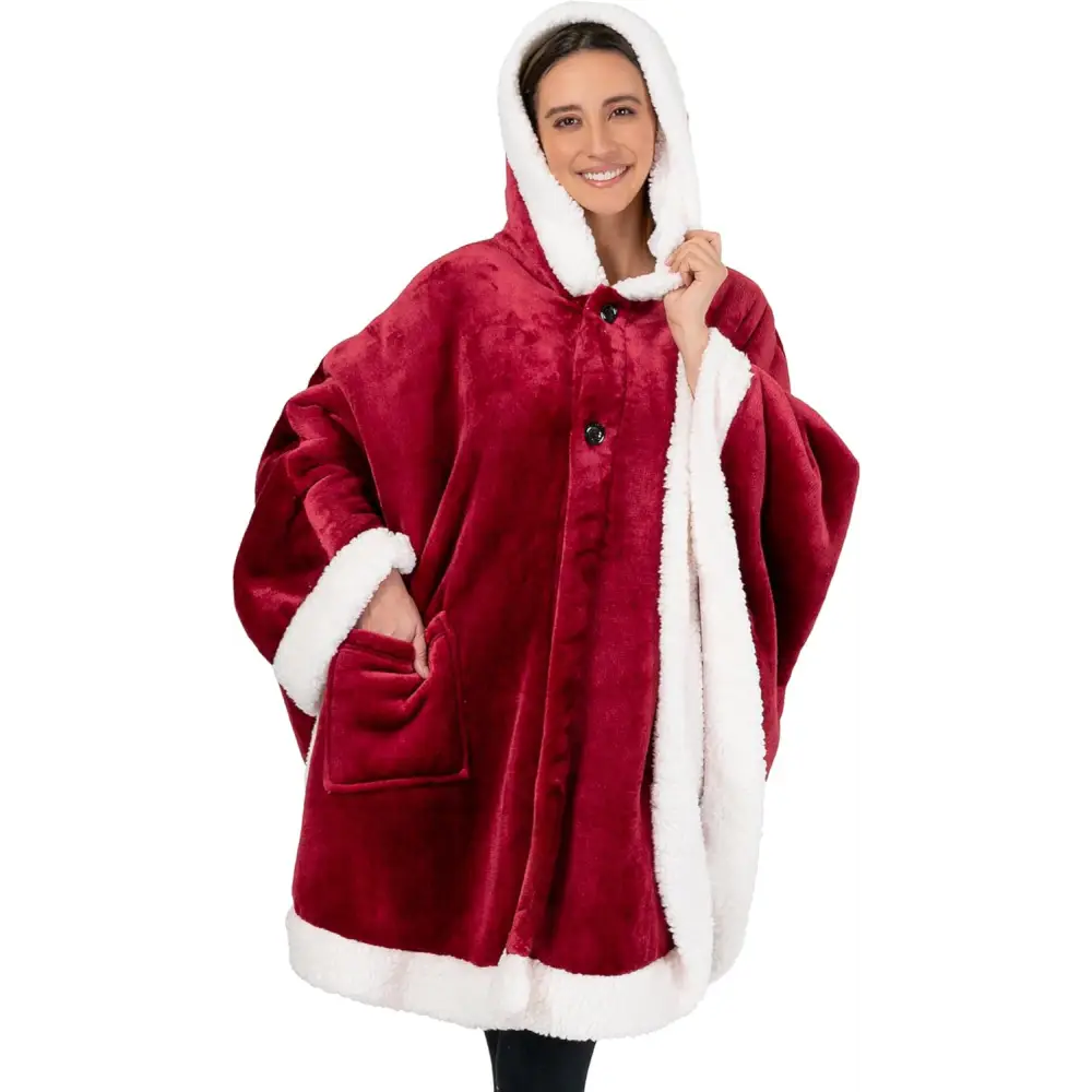 Red velvet fleece wearable blanket with white sherpa trim and hooded design