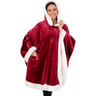 Red velvet fleece wearable blanket with white sherpa trim and hooded design