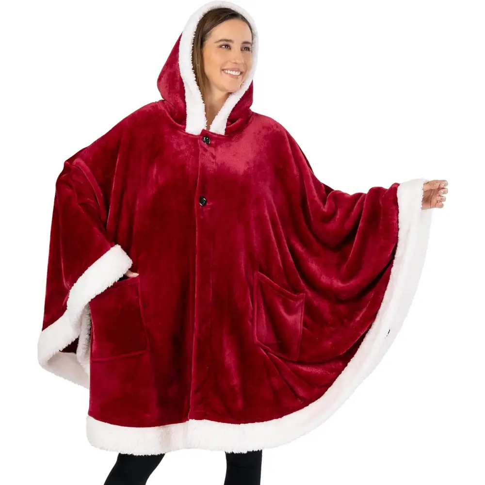 Red velvet fleece wearable blanket with hood and white sherpa trim for ultimate coziness