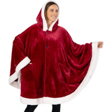 Red velvet fleece wearable blanket with hood and white sherpa trim for ultimate coziness