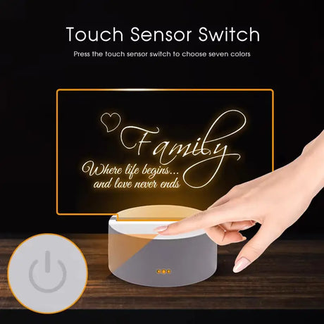 LED acrylic sign displaying Family text with touch sensor for Creative LED Message Board Night Light