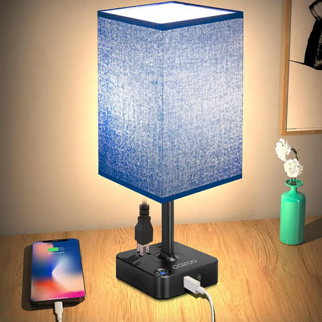 Blue fabric USB bedside table lamp with charging ports and dimmable feature