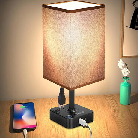 Dimmable USB Bedside Table Lamp with USB charging ports and beige fabric shade