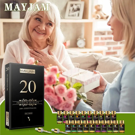 Essential Oils Gift Set in Elegant Black Gold Box with Mayjam 20 label and bottles