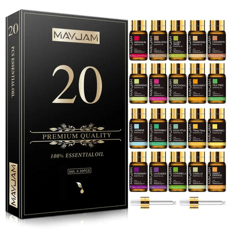 Elegant Essential Oils Gift Set in Black Box with 20 Dark Bottles and Gold Caps