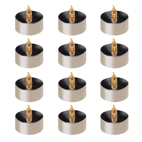 Set of silver LED tea lights with flickering amber flames for elegant decor