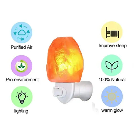 Himalayan salt lamp with warm white glow and benefit icons on a white base