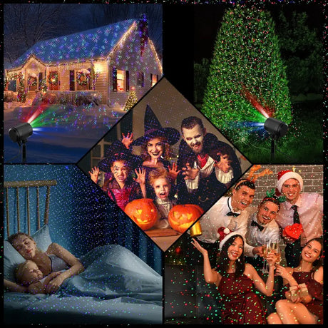 Photo collage of festive gatherings with Laser Christmas Projector Lights and firefly lights