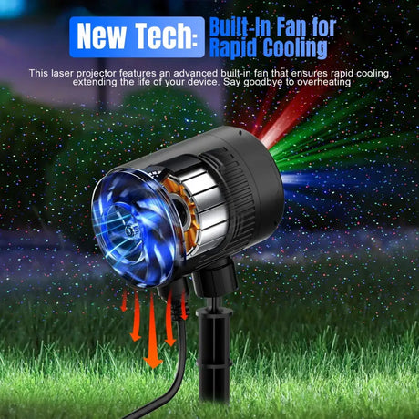 Laser Christmas Projector displaying moving firefly lights in blue and red effects