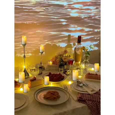 Romantic dinner table with LED Flameless Candles and real flame effect ambiance