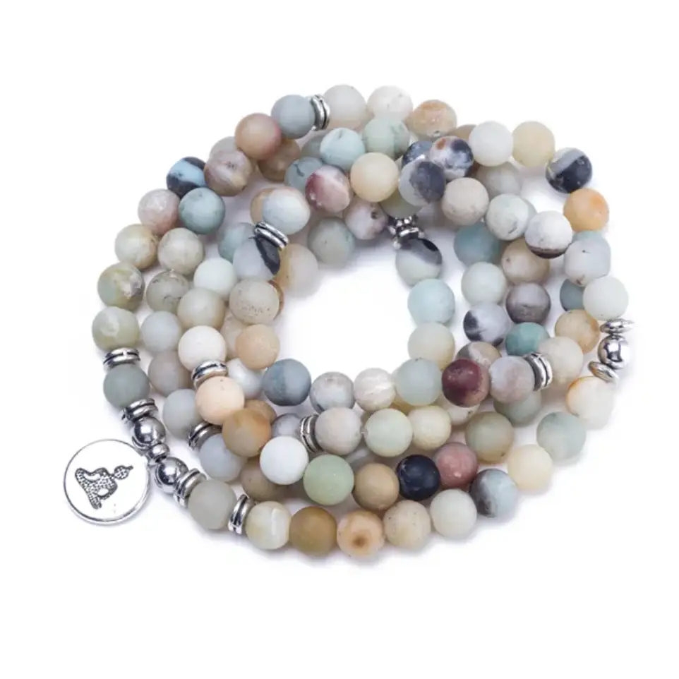Multi-colored Amazonite mala beads bracelet with silver spacers and charm