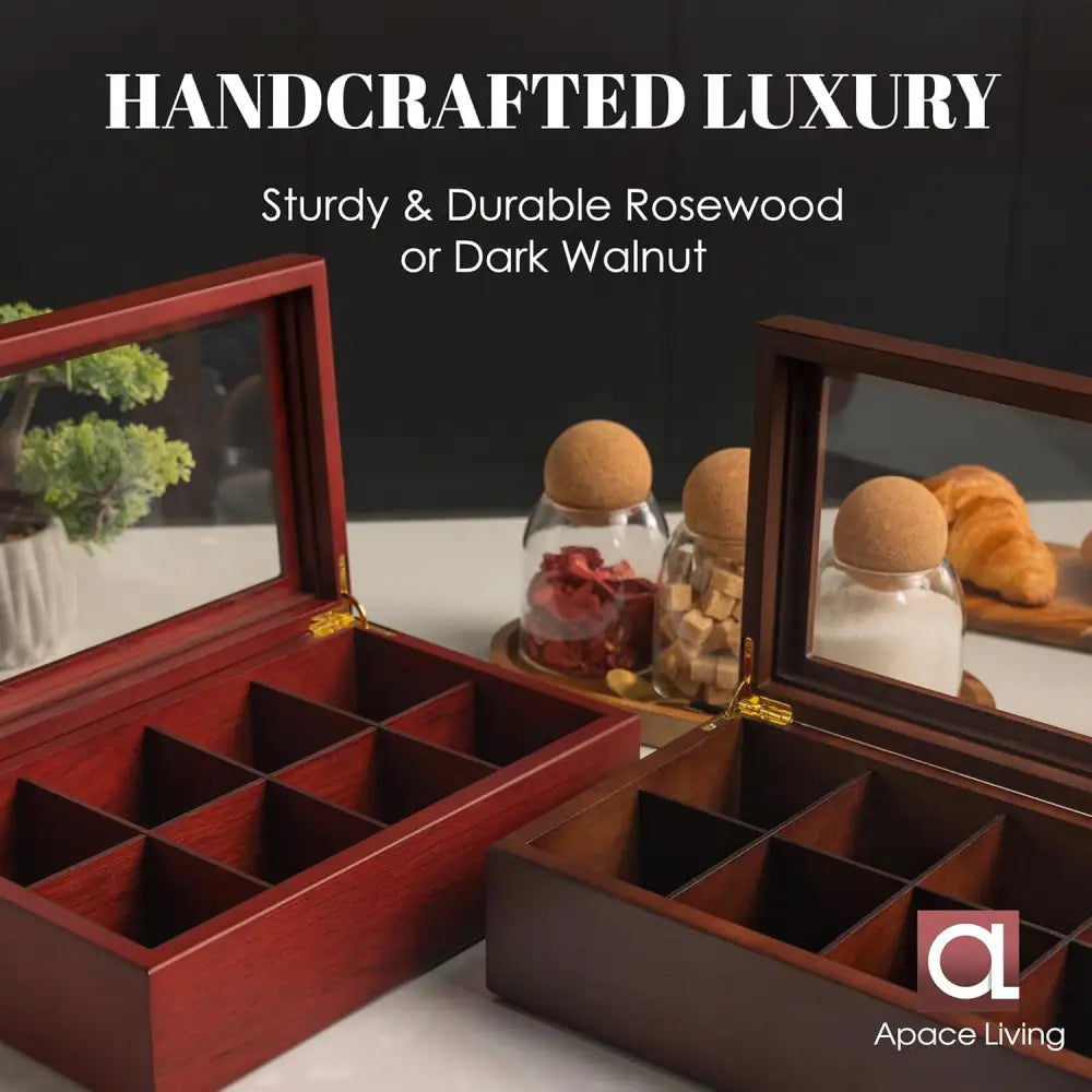 Luxury Handmade Wooden Tea Chest with 8 compartments in rosewood and dark walnut finishes