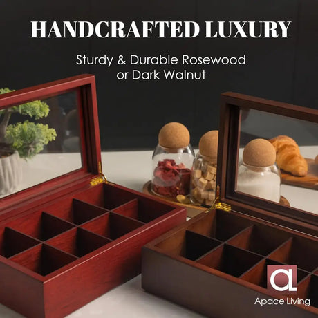 Luxury Handmade Wooden Tea Chest with 8 compartments in rosewood and dark walnut finishes
