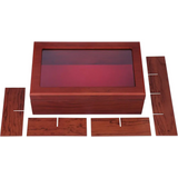 Luxury handmade wooden tea chest featuring a glass top and 8-compartment dividers