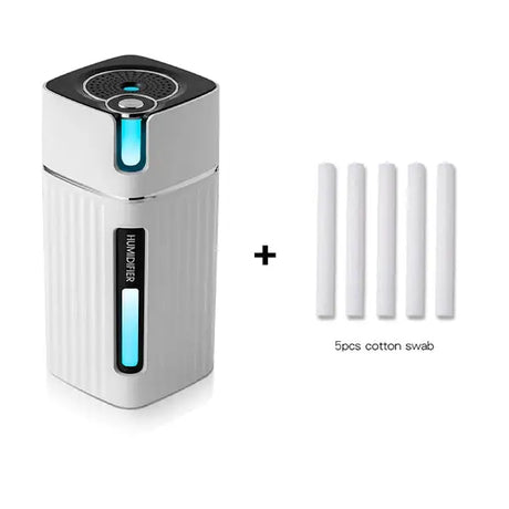 White portable essential oil diffuser with blue LED night light and cotton swabs