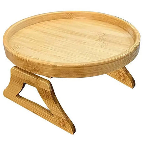 Circular bamboo serving tray with folding legs for portable round pine wood drinks