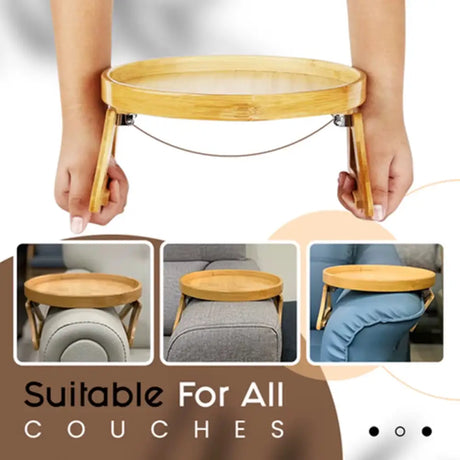 Portable Round Pine Wood Sofa Tray with Bamboo Arm for Drinks and Snacks