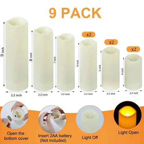 Set of flameless pillar candles in ivory with remote control for easy use