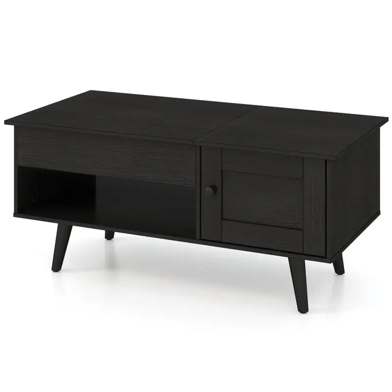 Black mid-century modern coffee table with hidden storage compartment and angled legs