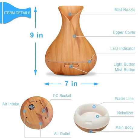Wood-grain essential oil diffuser with labeled parts for Ultrasonic Aroma Essential Oil Diffuser