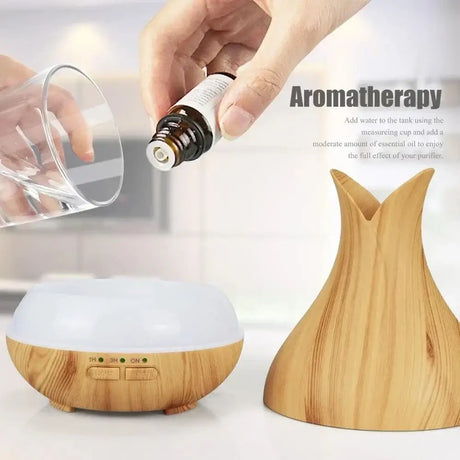 Wooden-textured essential oil diffuser in vase design for aromatherapy and humidifying