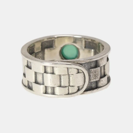 Silver geometric pattern ring featuring a natural jade stone in sterling silver